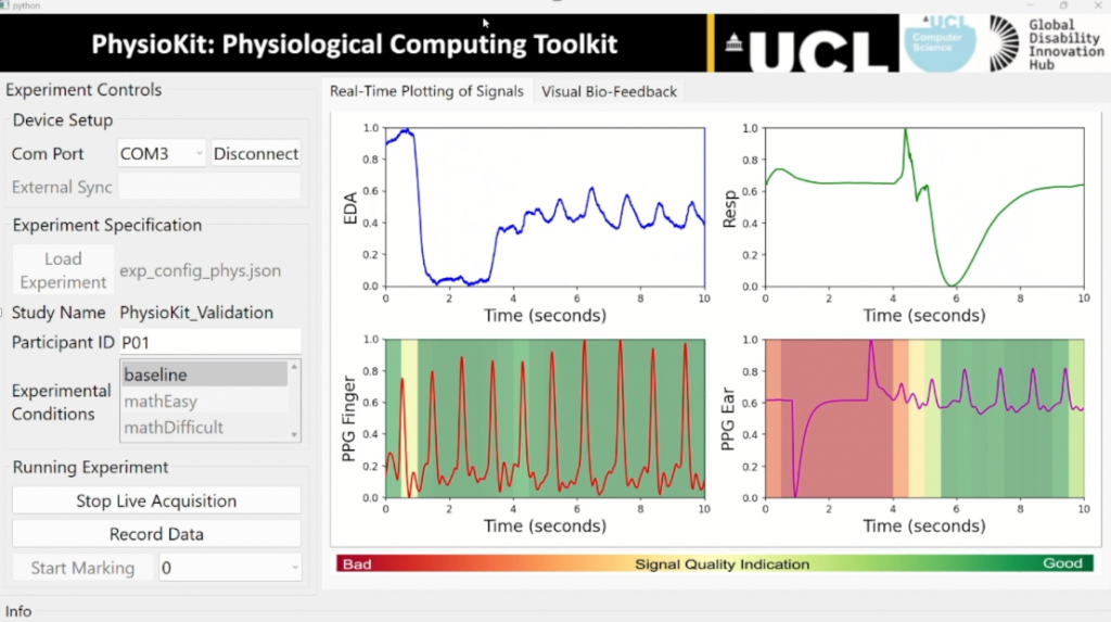 A screenshot of PhysioKit - an open source low-cost physiological computing toolkit from Professor Youngjun Cho's research group